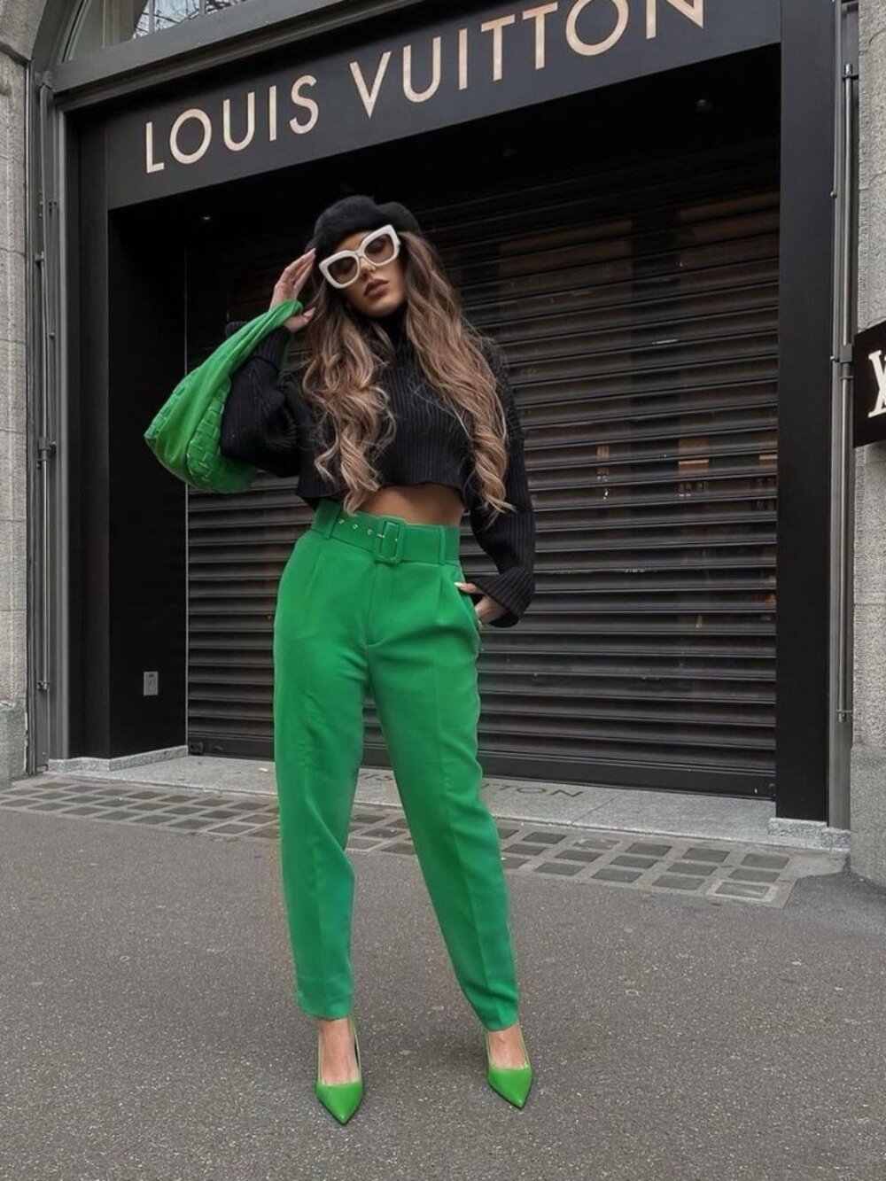 Zara High Waisted Trousers with Lined Belt in Green NWT